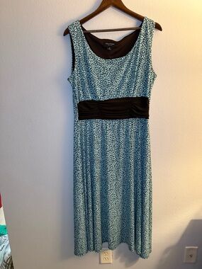 Perceptions Green/Teal Floral Midi Dress with Deep Brown Waistband